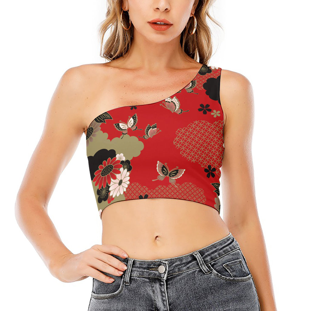 Japanese Flower Print One Shoulder Crop Top