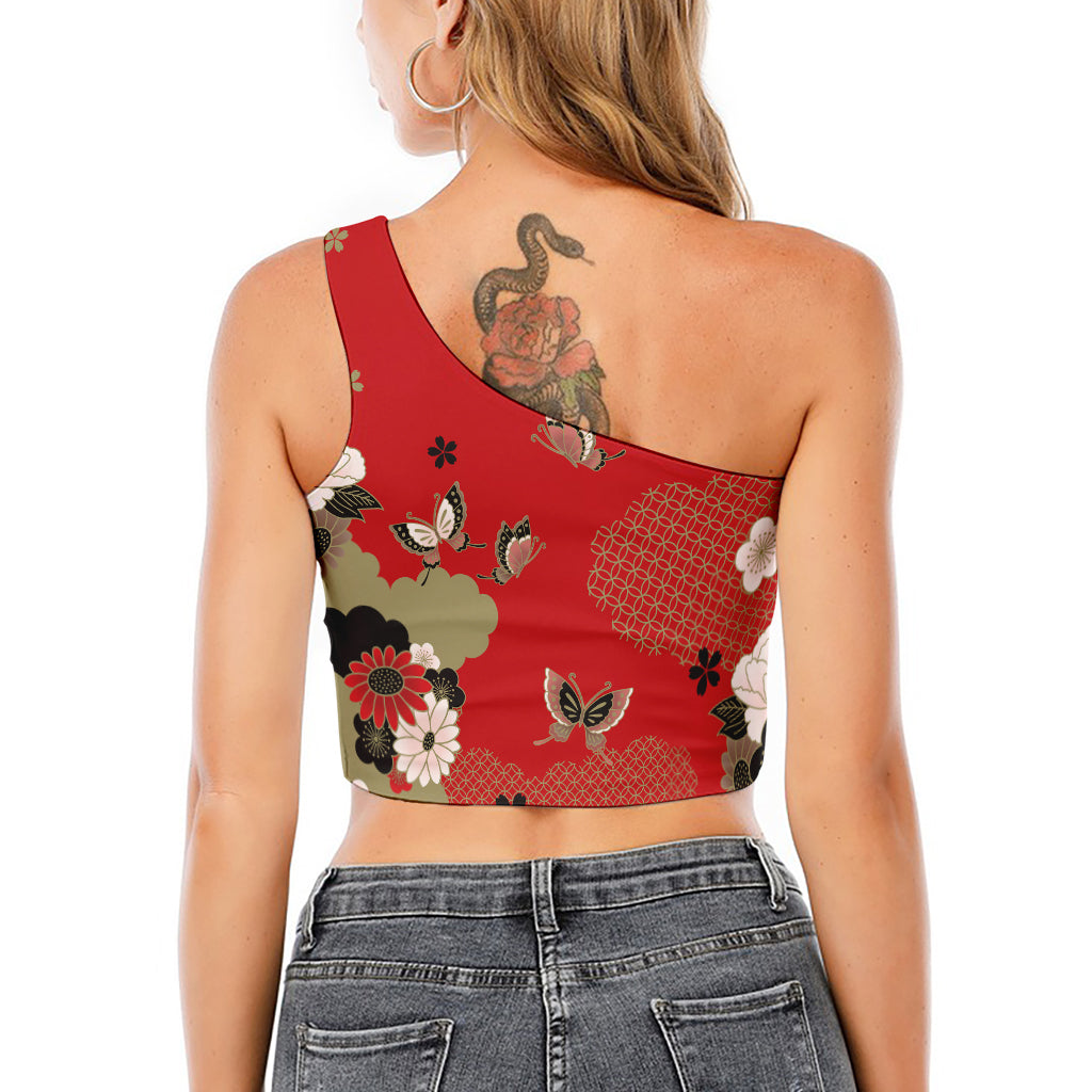 Japanese Flower Print One Shoulder Crop Top