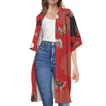 Japanese Flower Print Open Front Beach Cover Up