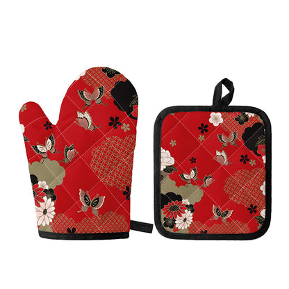 Japanese Flower Print Oven Mitt And Pot Holder Set