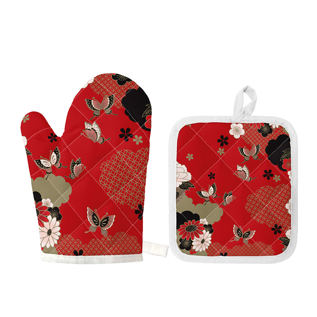 Japanese Flower Print Oven Mitt And Pot Holder Set