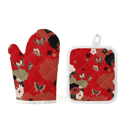 Japanese Flower Print Oven Mitt And Pot Holder Set