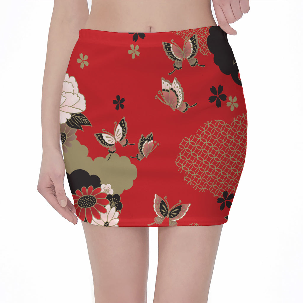 Japanese Flower Print Pencil Mini Skirt