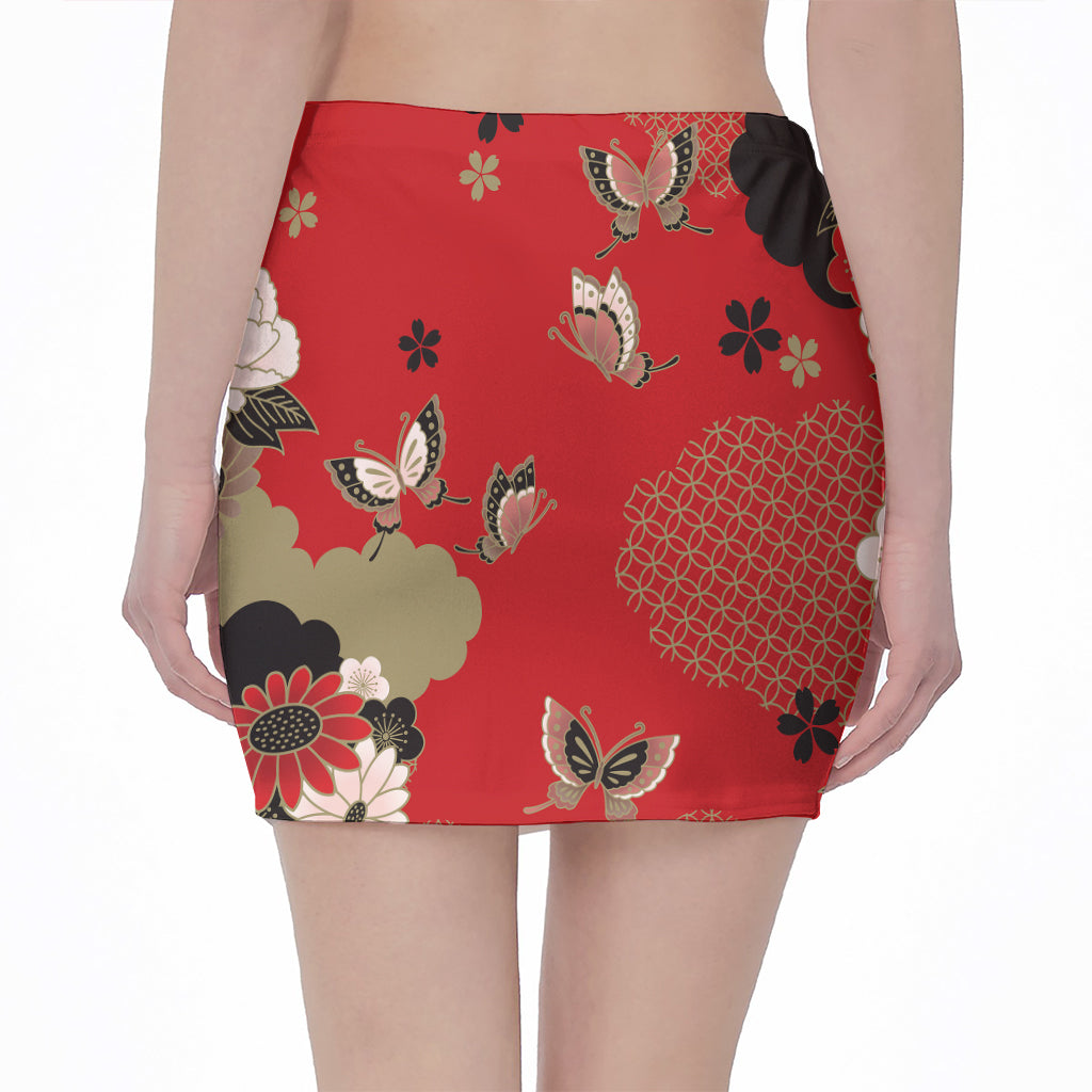 Japanese Flower Print Pencil Mini Skirt