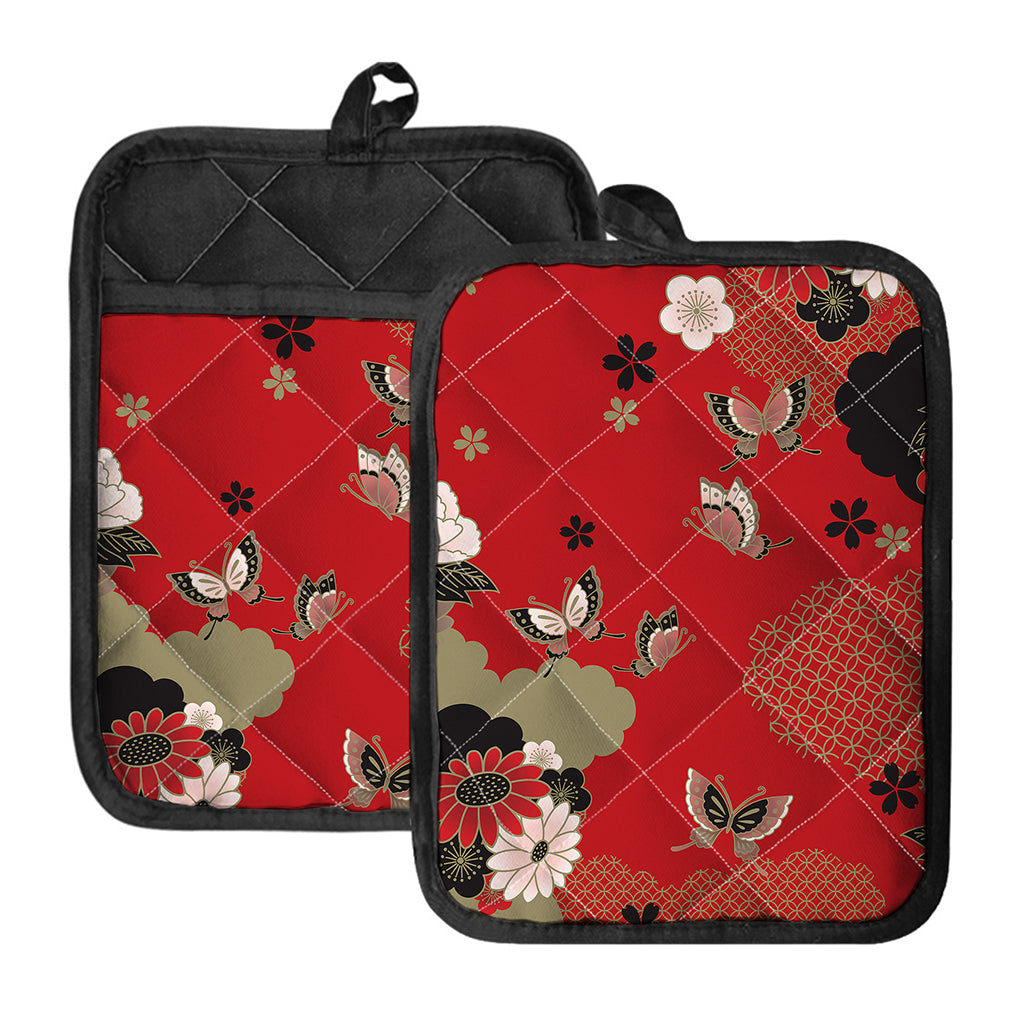 Japanese Flower Print Pot Holders With Pocket
