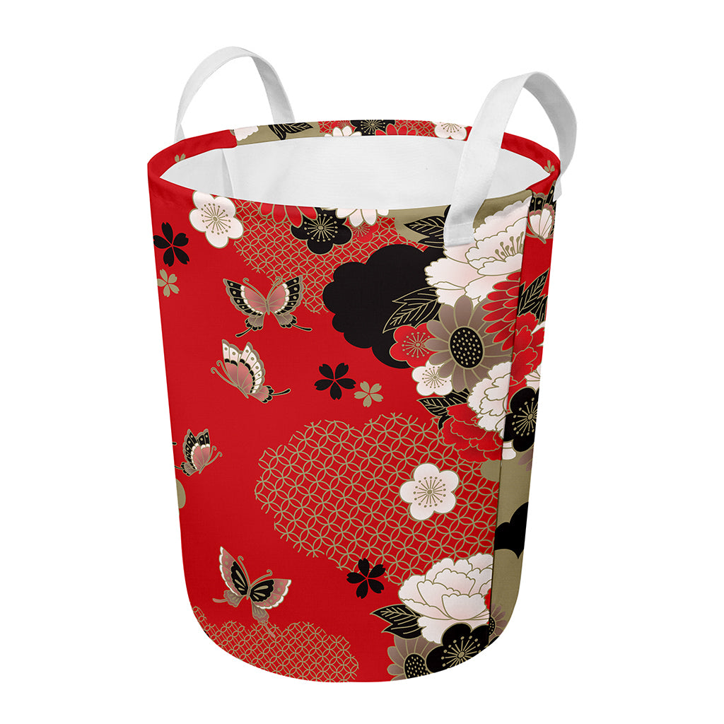 Japanese Flower Print Round Laundry Basket