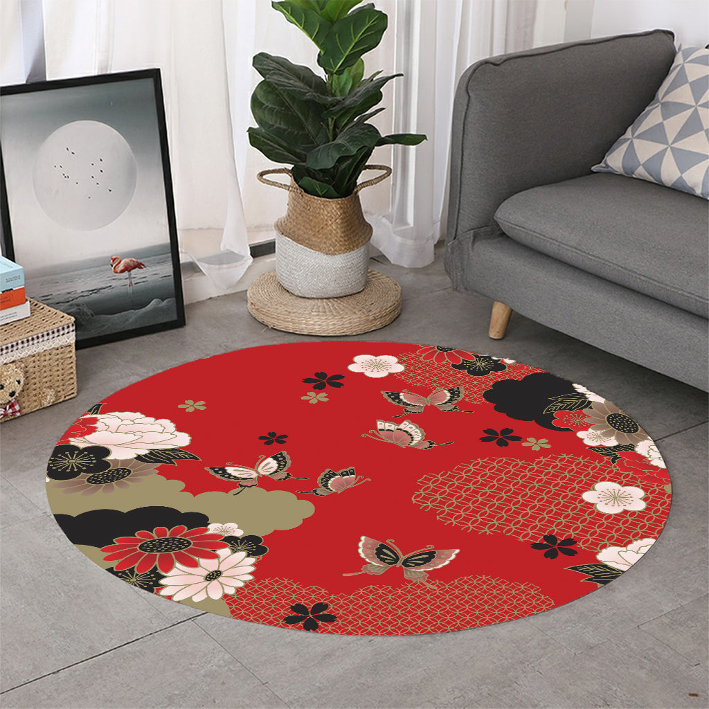 Japanese Flower Print Round Rug