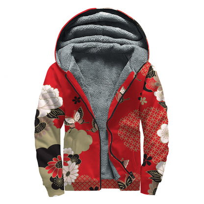 Japanese Flower Print Sherpa Lined Zip Up Hoodie