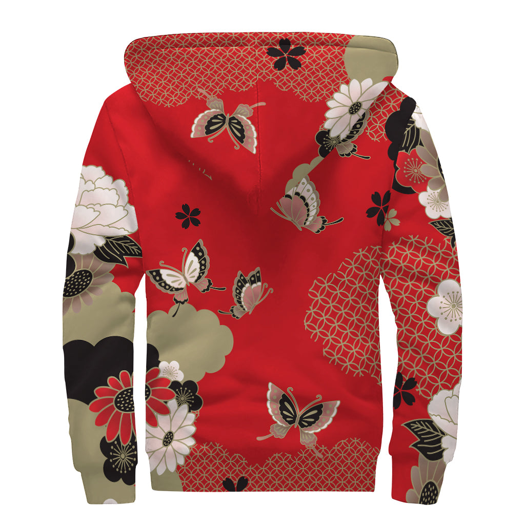 Japanese Flower Print Sherpa Lined Zip Up Hoodie