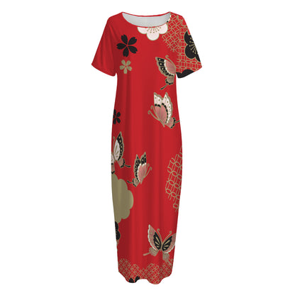Japanese Flower Print Short Sleeve Long Nightdress