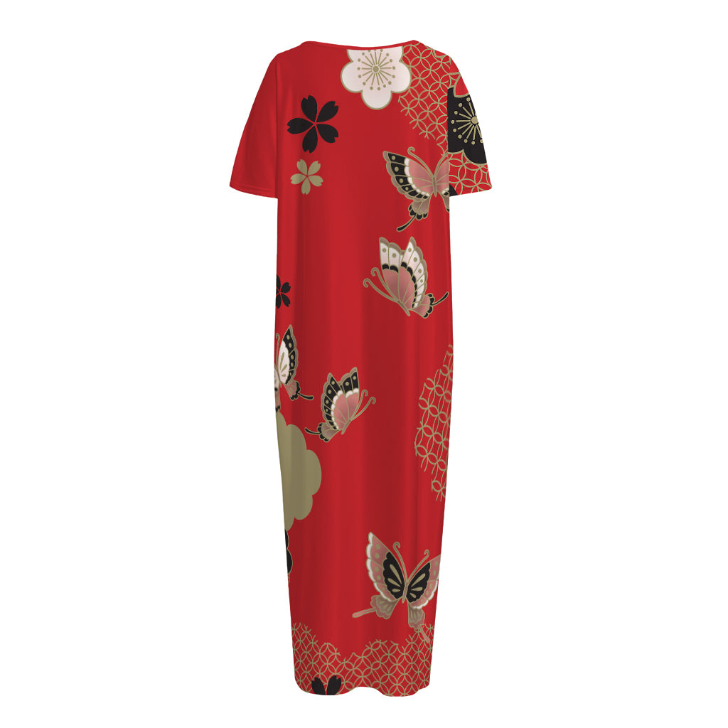 Japanese Flower Print Short Sleeve Long Nightdress