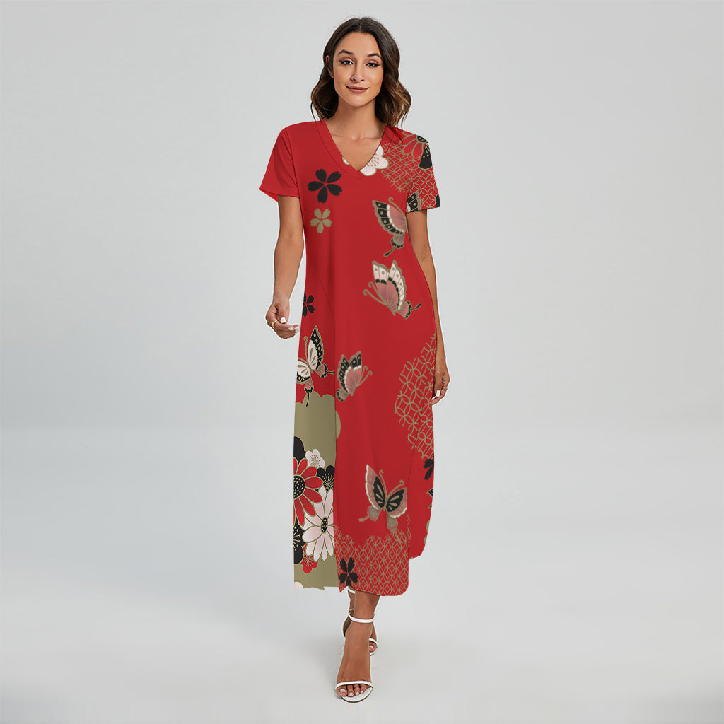 Japanese Flower Print Short Sleeve Maxi Dress