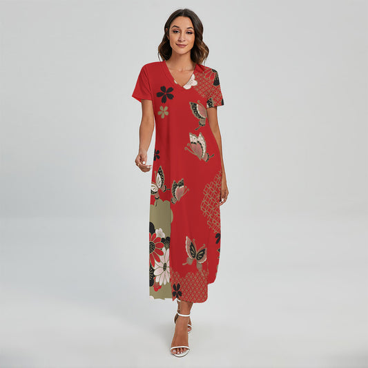 Japanese Flower Print Short Sleeve Maxi Dress