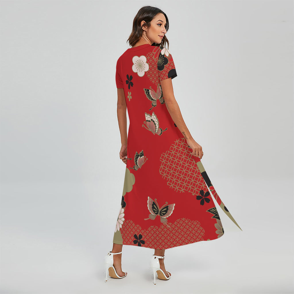 Japanese Flower Print Short Sleeve Maxi Dress