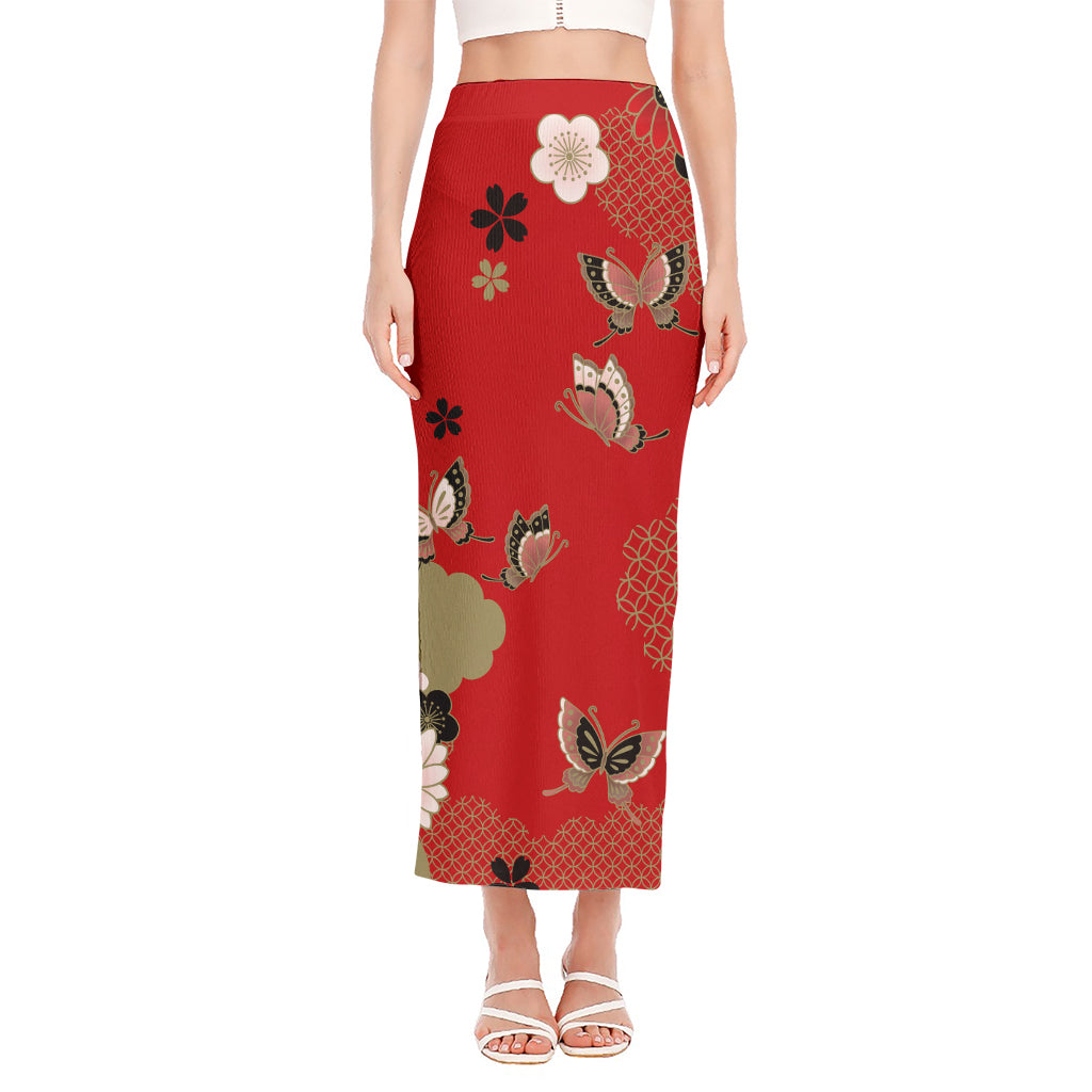 Japanese Flower Print Side Slit Maxi Skirt