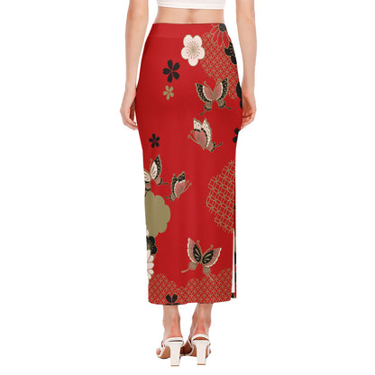 Japanese Flower Print Side Slit Maxi Skirt