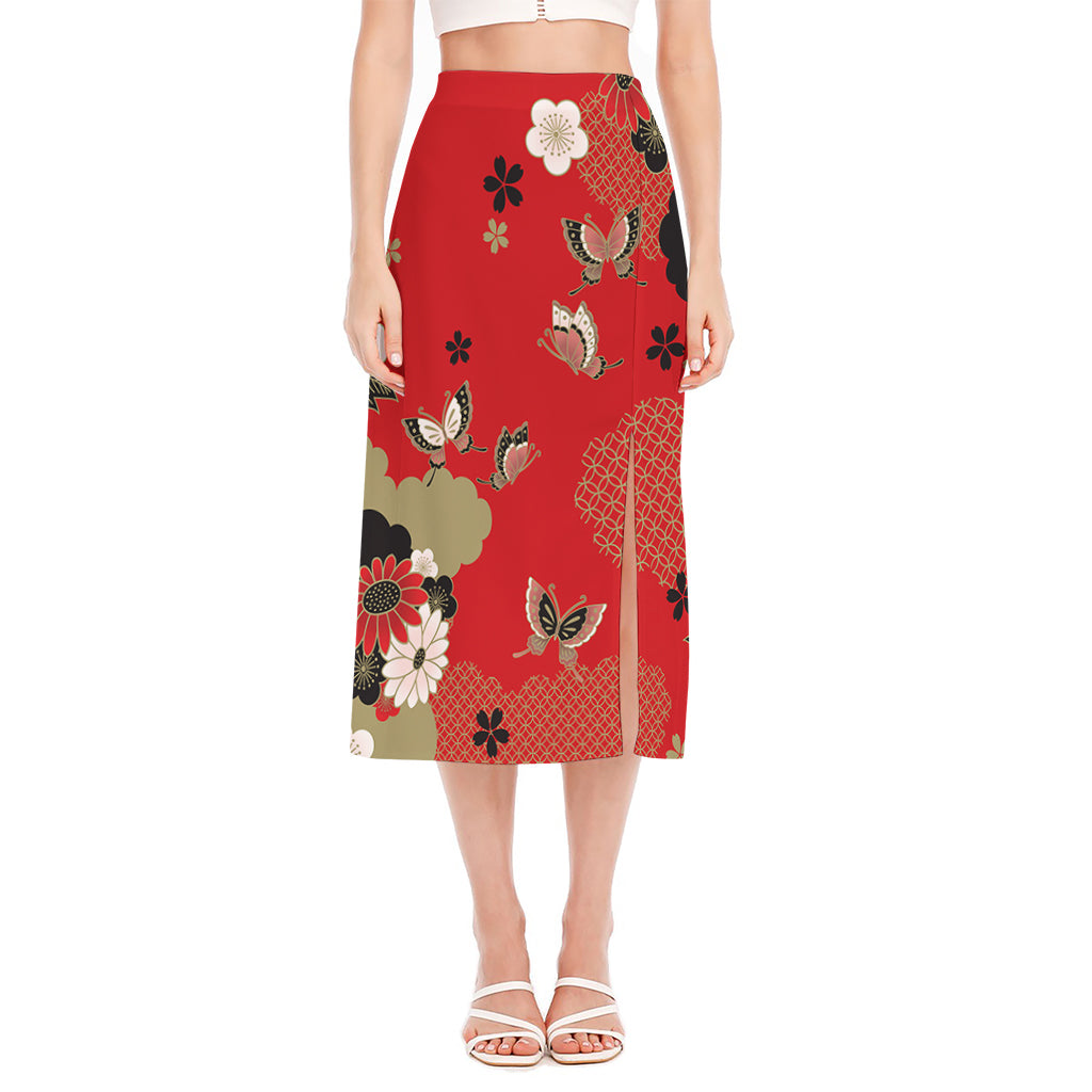 Japanese Flower Print Side Slit Midi Skirt