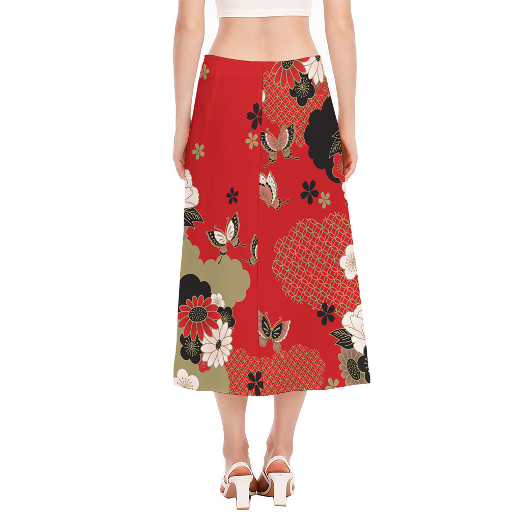 Japanese Flower Print Side Slit Midi Skirt