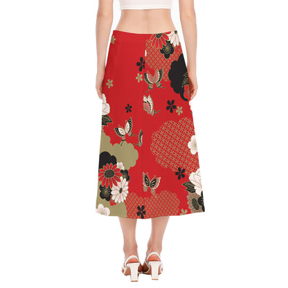 Japanese Flower Print Side Slit Midi Skirt