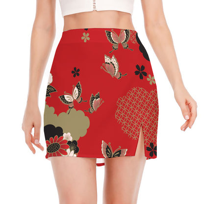 Japanese Flower Print Side Slit Mini Skirt