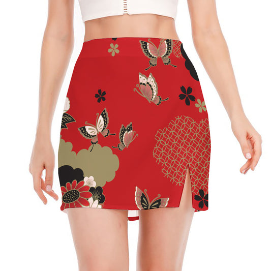 Japanese Flower Print Side Slit Mini Skirt