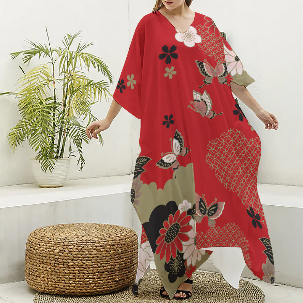 Japanese Flower Print Silk V-Neck Kaftan Dress