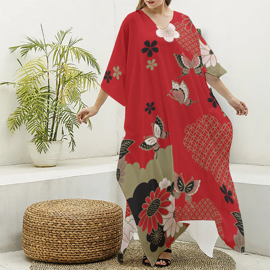 Japanese Flower Print Silk V-Neck Kaftan Dress