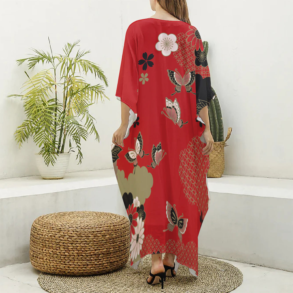 Japanese Flower Print Silk V-Neck Kaftan Dress