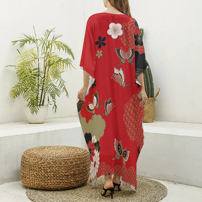 Japanese Flower Print Silk V-Neck Kaftan Dress