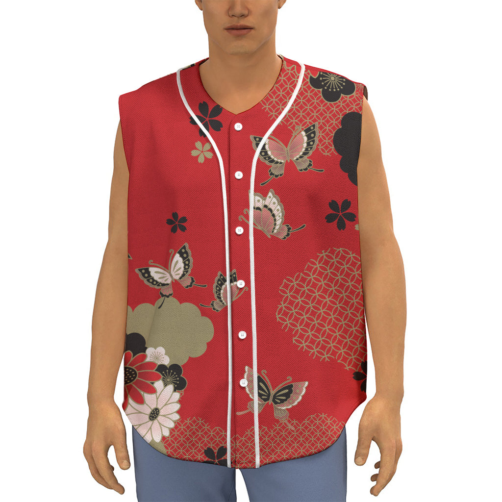 Japanese Flower Print Sleeveless Baseball Jersey