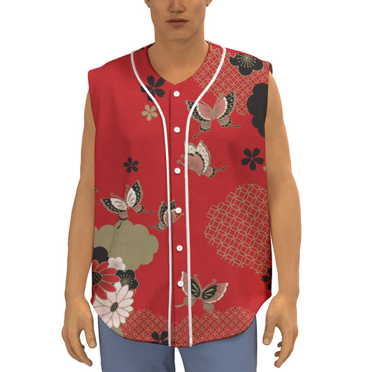 Japanese Flower Print Sleeveless Baseball Jersey
