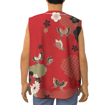 Japanese Flower Print Sleeveless Baseball Jersey