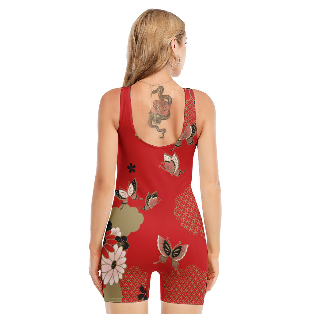 Japanese Flower Print Sleeveless One Piece Swimsuit