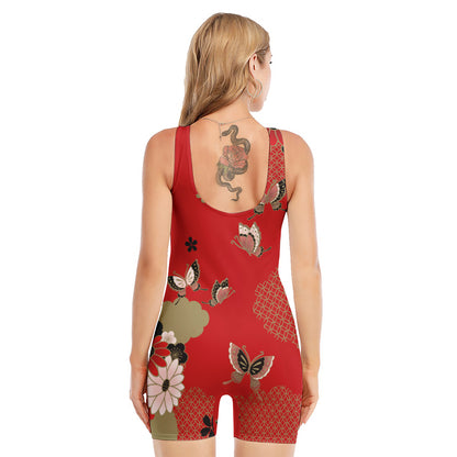 Japanese Flower Print Sleeveless One Piece Swimsuit