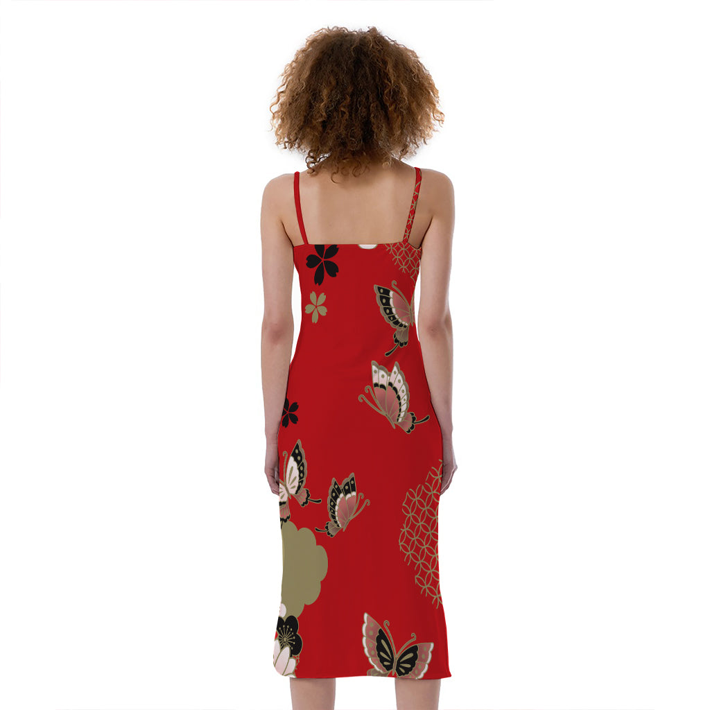 Japanese Flower Print Slim Fit Midi Cami Dress