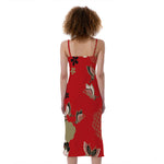 Japanese Flower Print Slim Fit Midi Cami Dress