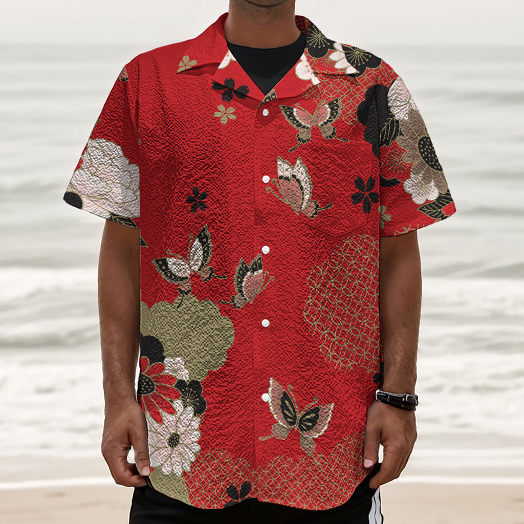 Japanese Flower Print Textured Short Sleeve Shirt