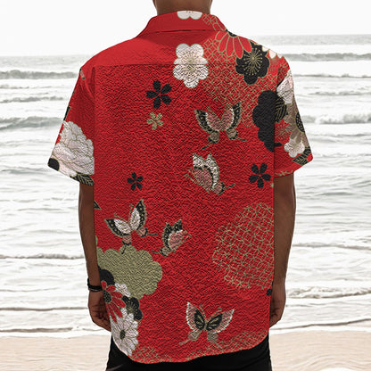 Japanese Flower Print Textured Short Sleeve Shirt