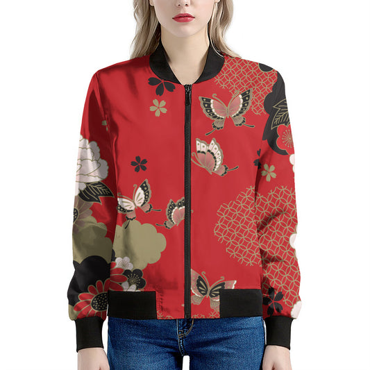 Japanese Flower Print Women's Bomber Jacket