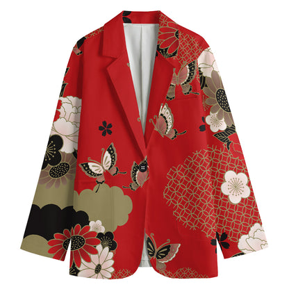 Japanese Flower Print Women's Cotton Blazer