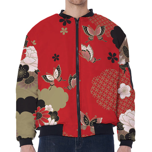 Japanese Flower Print Zip Sleeve Bomber Jacket