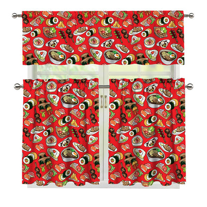 Japanese Food Pattern Print 3 Piece Kitchen Curtains