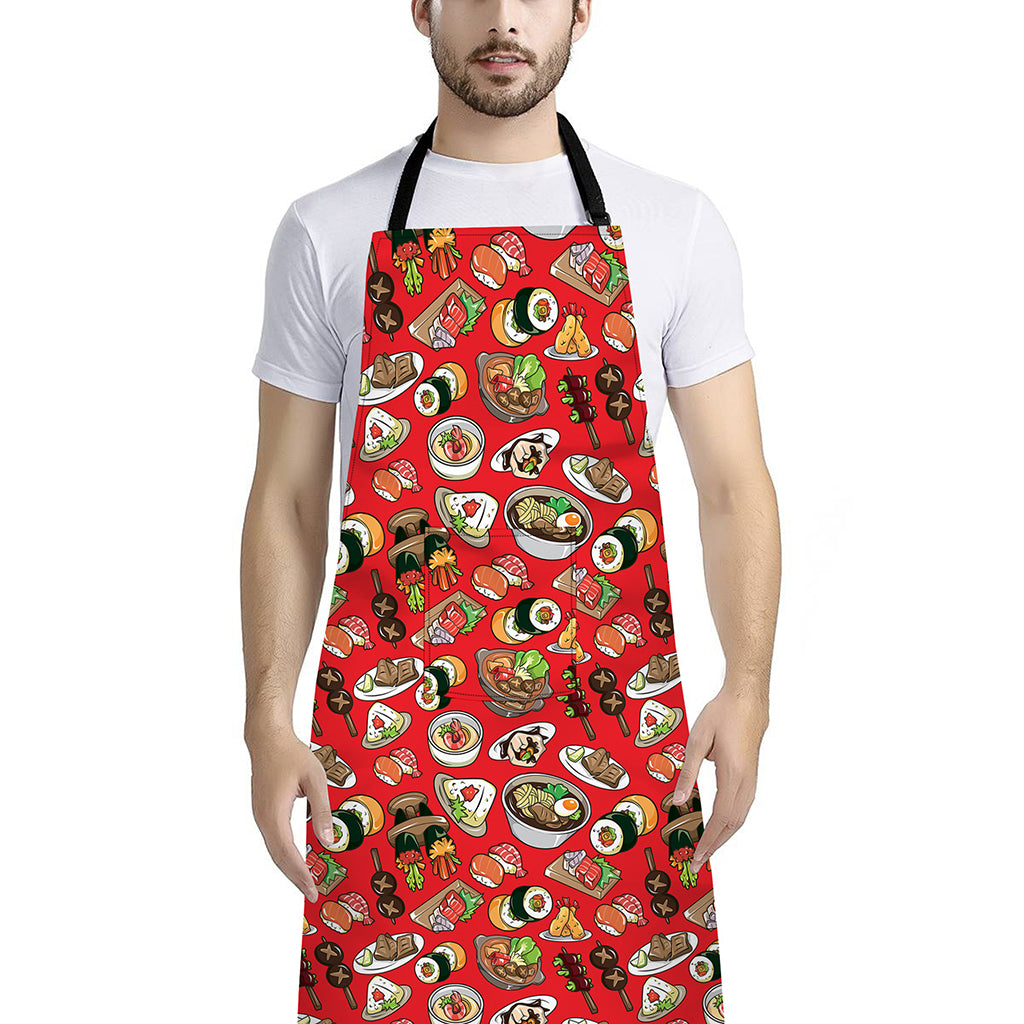 Japanese Food Pattern Print Bib Apron With Pocket