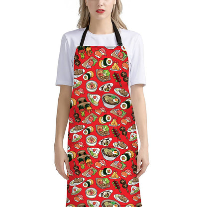 Japanese Food Pattern Print Bib Apron With Pocket