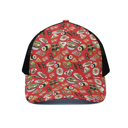 Japanese Food Pattern Print Black Mesh Trucker Cap
