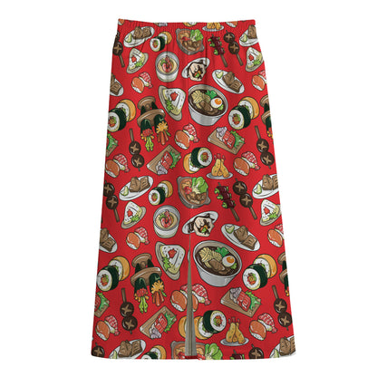 Japanese Food Pattern Print Cotton Front Slit Maxi Skirt