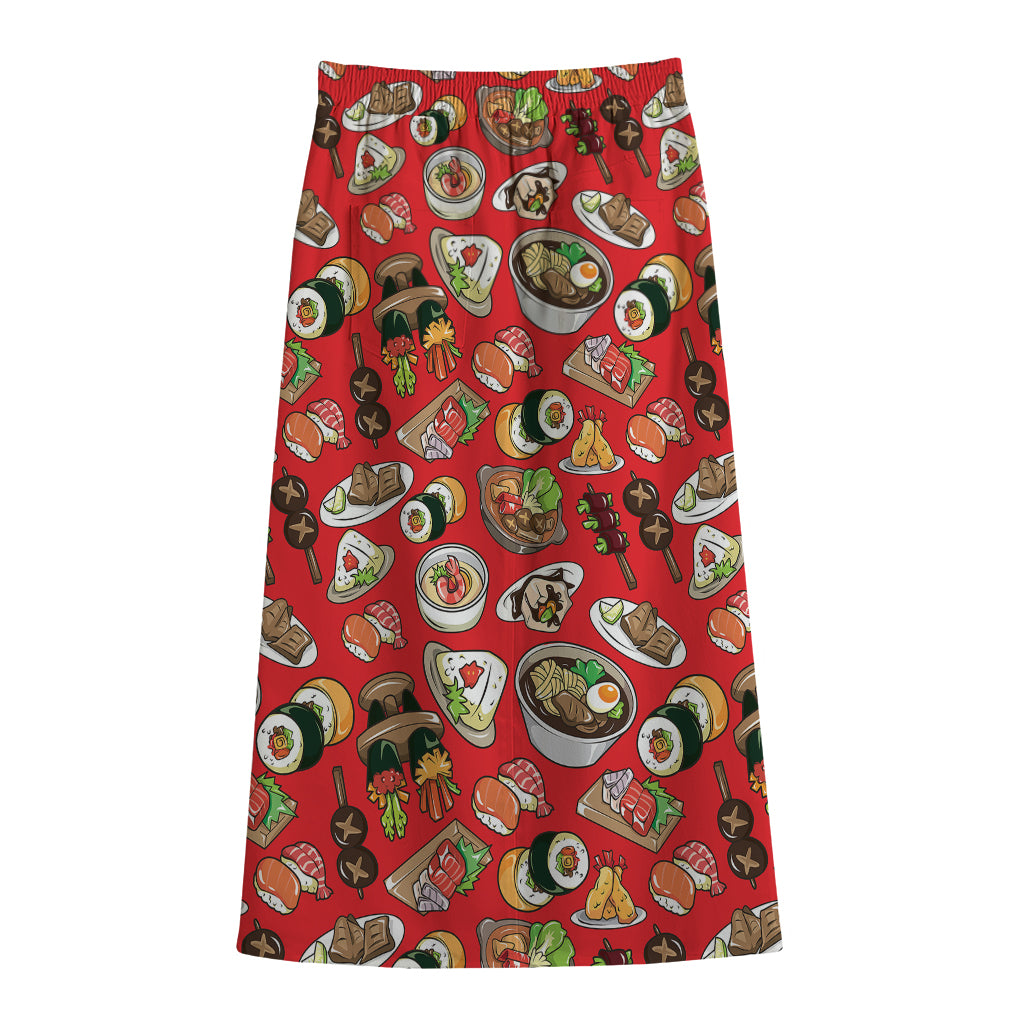 Japanese Food Pattern Print Cotton Front Slit Maxi Skirt