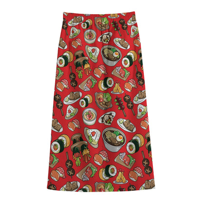 Japanese Food Pattern Print Cotton Front Slit Maxi Skirt