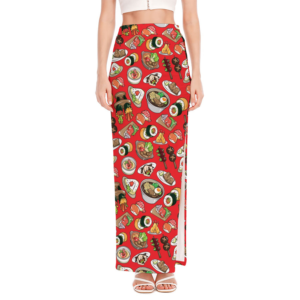 Japanese Food Pattern Print High Slit Maxi Skirt