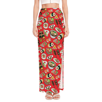 Japanese Food Pattern Print High Slit Maxi Skirt